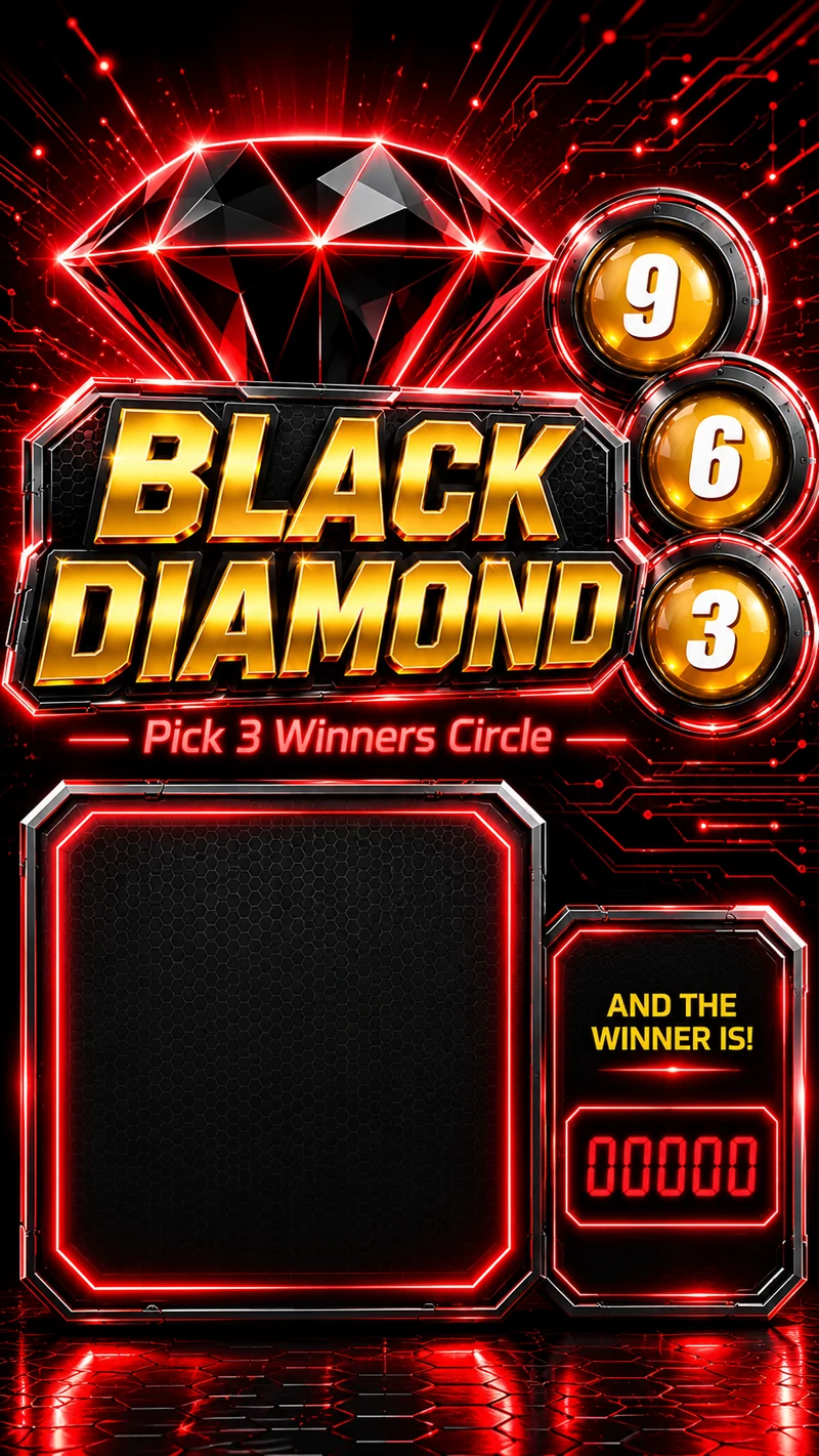 Black Diamond vertical composition with diamond mark, number balls, and winner plate